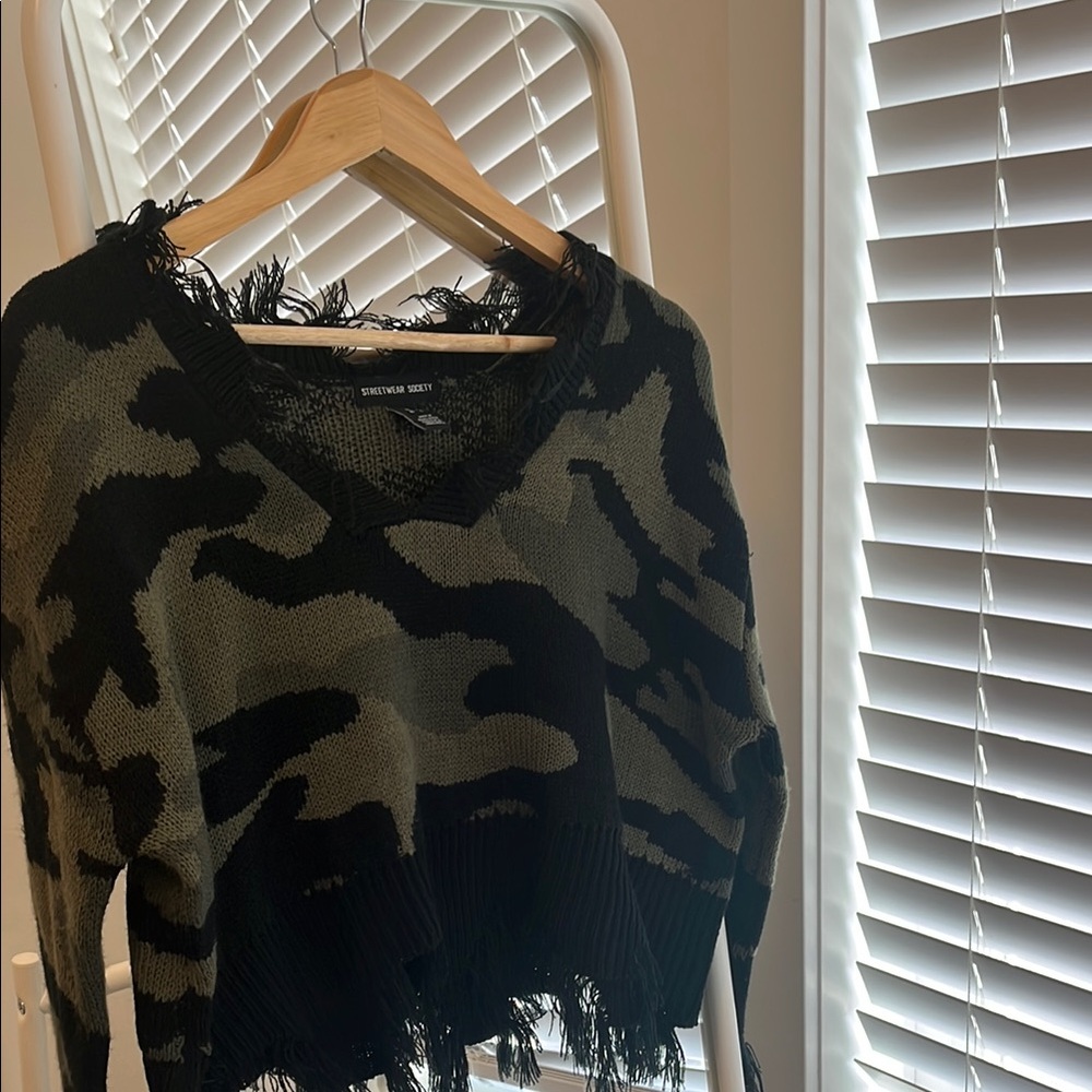 Cropped Distressed Camouflage Sweater
